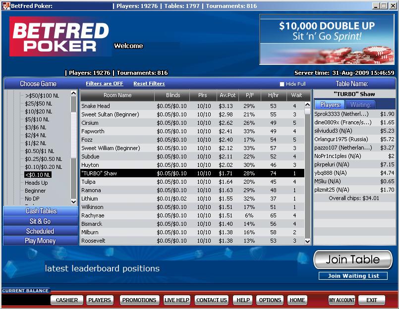 Screenshot BetFred Poker lobby